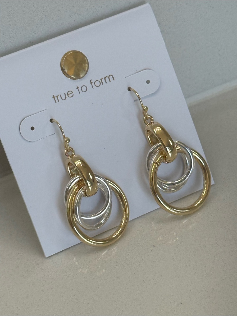 True to Form Two-Tone Gold & Silver Interlocked Hoop Drop Earrings NWT